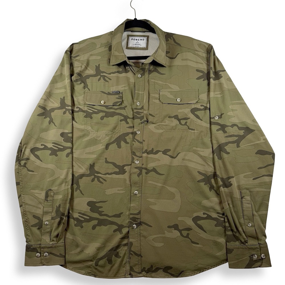 Poncho Outdoors Men XL Slim Fit Camo Fishing Shirt Magnetic Pockets Long Sleeve